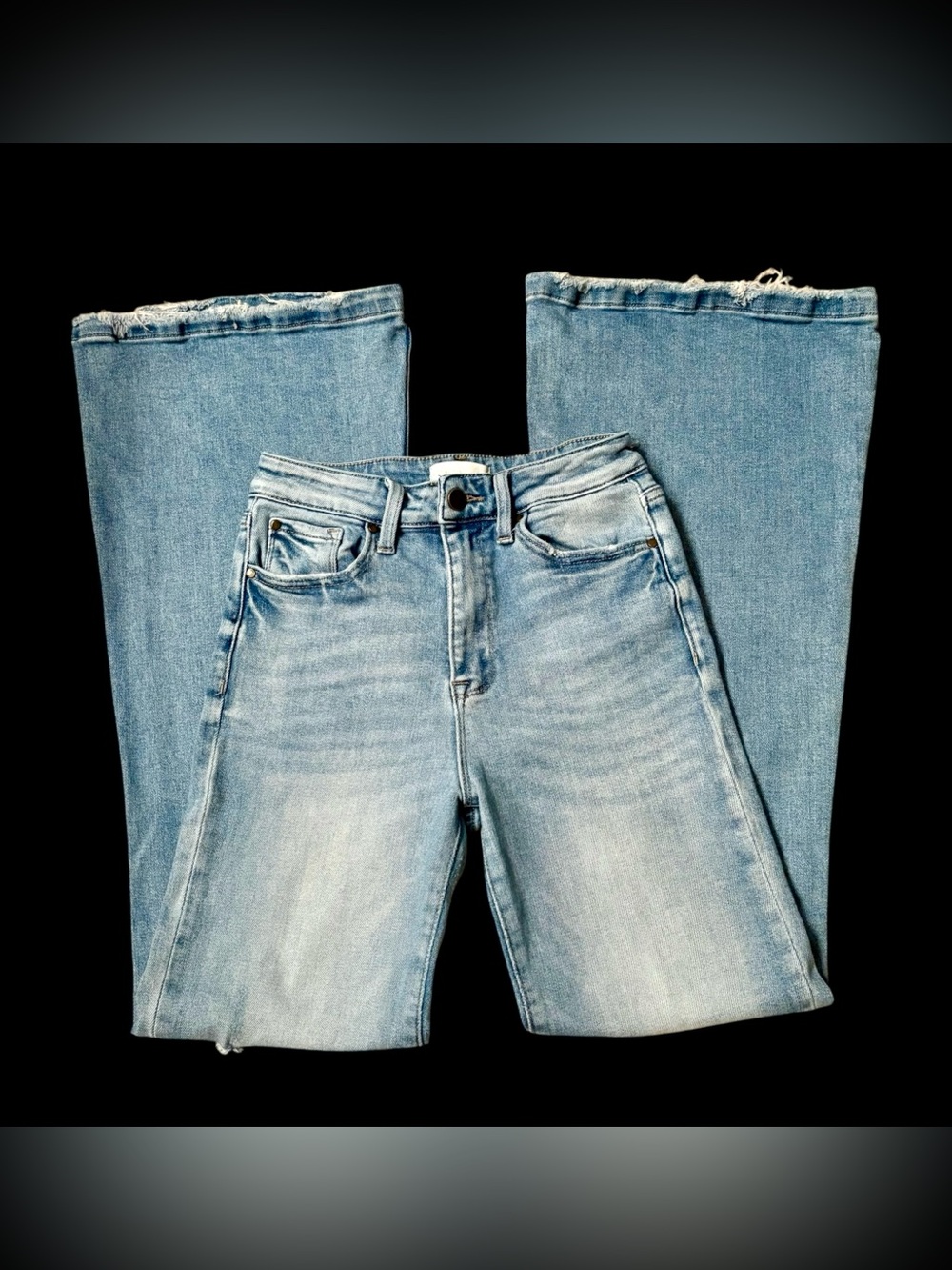 Petra 153 Distressed Medium Wash Flare Jeans Size 5 / 26 High Rise Raw Hem Boho